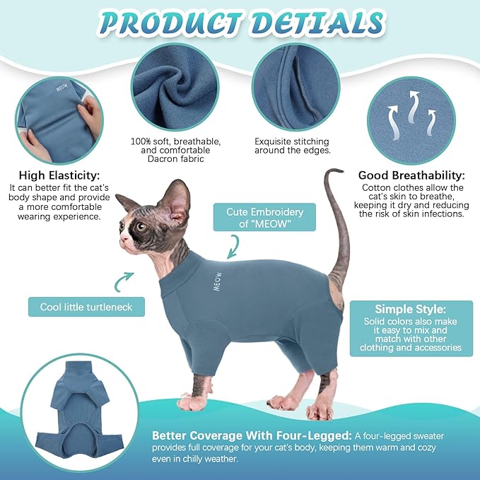 ROZKITCH Cat Clothes for Cats Only Male Female, Breathable Soft Jumpers for Sphynx Only, Coat with Four Legs, Warm Sweater T-Shirt Pajamas Jumpsuit Vest Cornish Rex, Devon Rex, Peterbald Blue S