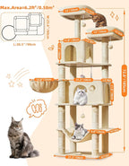 Taoqimiao Large Cat Tree，73-Inch Cat Tree Tower with 9 Scratching Posts for Indoor Cats, 2 Large Cat Condo with Hammock, Hanging Basket, 2 Extended Platform, Beige MS013XLM
