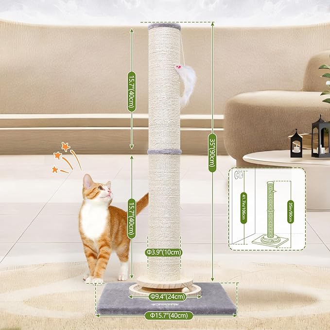 Globlazer Extra Thick Large Scratching Post for Indoor Cats Adults and Kittens, 35in Tall Natural Sisal Rope Scratcher Post, Large Cat Scratcher with Ball Interactive Toy, SC35, Light Grey