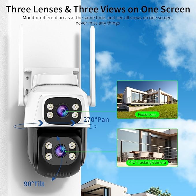 VSTARCAM Dual-Lens Security Cameras Wireless Outdoor, Pan/Tilt 360° View, 2.4GHz WiFi Outside Camera with Color Night Vision, 2-Way Audio, Motion Tracking, Siren, IP66 Weatherproof, Cloud & SD Storage