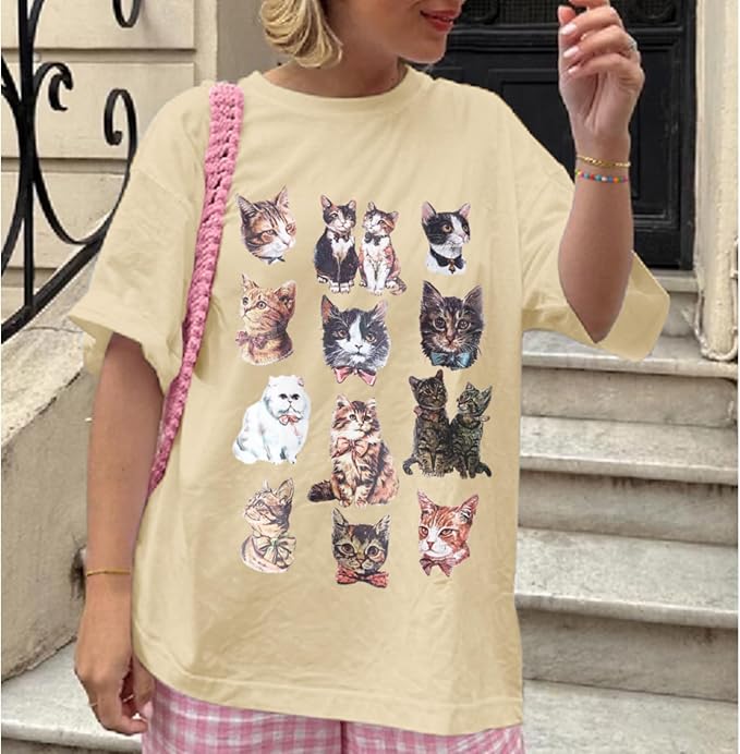 Oversized Cat Shirt Cute Graphic Tees for Women Y2k Funny Tshirts Baggy Aesthetic Shirts Cat Lover Gifts Kawaii Tops