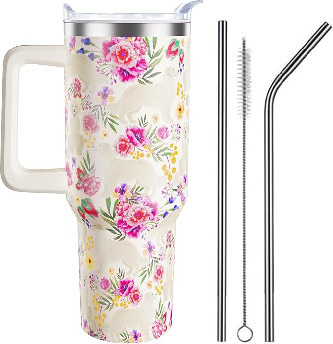 Golden Retriever Gifts for Women Dog Lovers 40 oz Floral Golden Retriever Tumblers with Handle and Straw, Stainless Steel Vacuum Insulated Travel Coffee Mug Cup Water Bottle