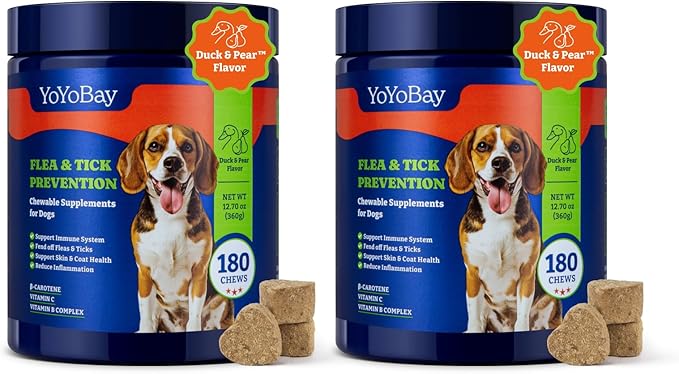 Flea and Tick Prevention for Dogs Chewable - Duck & Pear Flavor - Dog Flea and Tick Treatment Chewable, Natural Defense- Dog Immune Support Supplement, 2 Pack