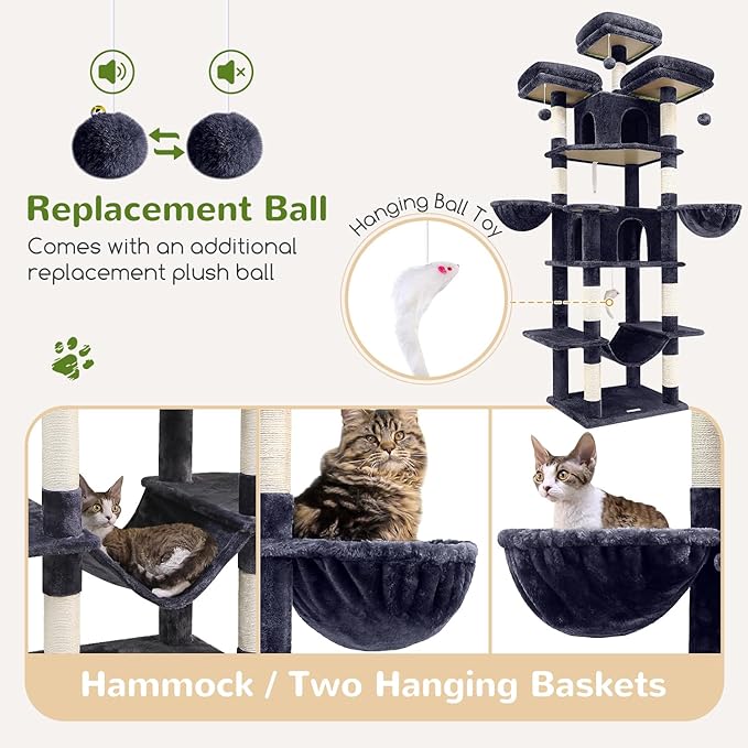 Globlazer Big Cat Tower for Indoor Cats, 80inch Cat Tower for Multiple Adult Cats XXL Cat Tree with Scratching Post, Hammock, 3 Perches, 2 Condos, 2 Hanging Basket, F80, Dark Grey