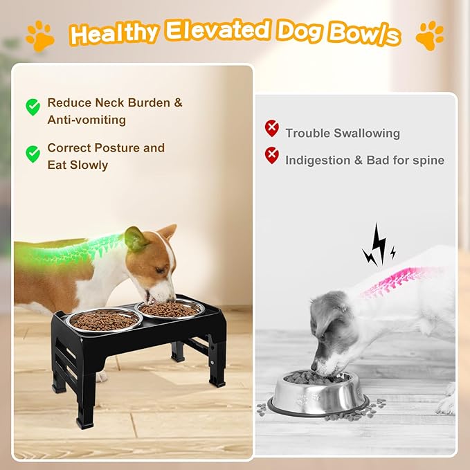 Elevated Dog Bowls for Small Medium Dogs, 3 Height Adjustable Raised Stand with 2 Thick 6" Stainless Steel Food Bowls, Non-Slip Feeder Adjusts to 2.75", 6", 7.5", Black