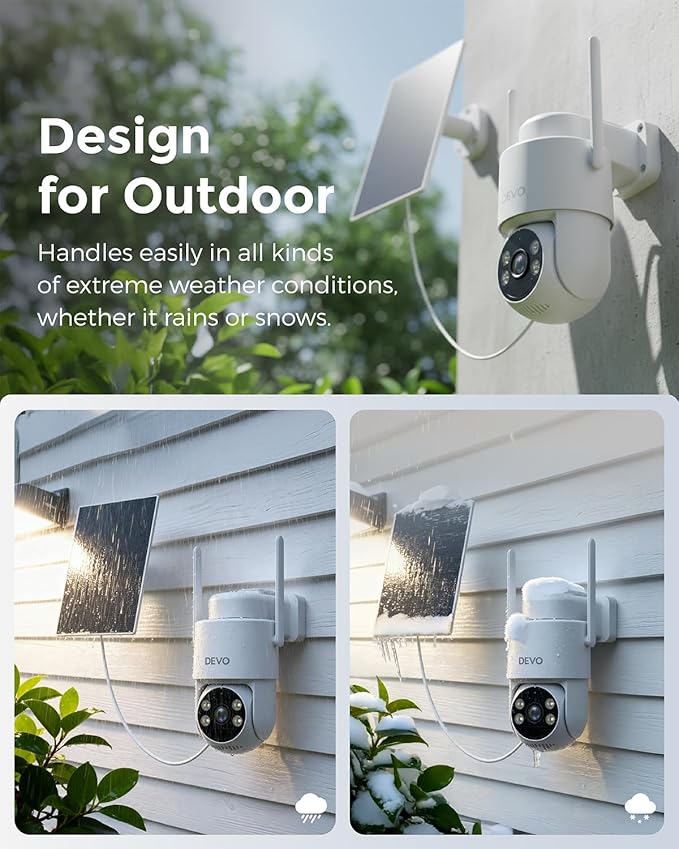 Devo Solar Security Camera Wireless Outdoor 360° PTZ - 2.3K Color Night Vision with AI Human Detection, WiFi 6 Pan/Tilt IP66 Waterproof, 180-Day Battery & Solar Panel, 2-Way Audio, Triple Alert System