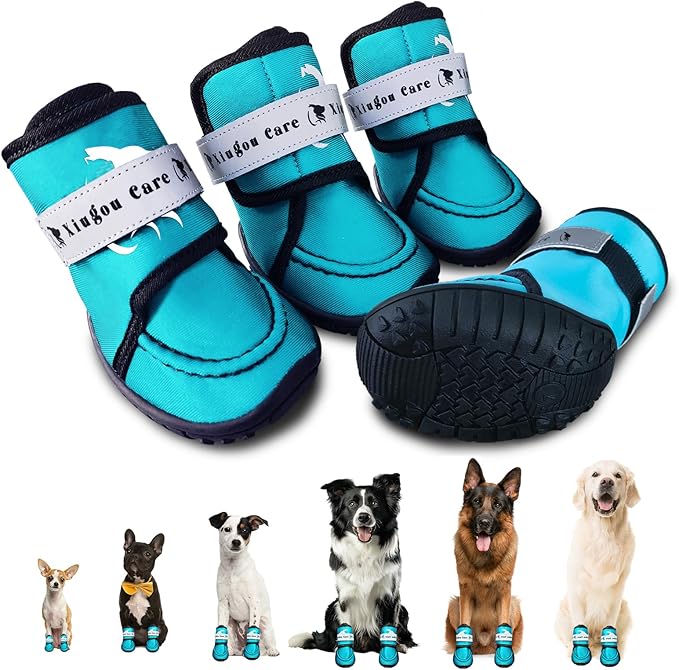 Dog Shoes for Small, Medium and Large Dogs - Waterproof for Rainy Days, Fit for Winter Snow and Hot Summer Roads, with Anti-Slip Soles for Indoor Hard Floors (Blue, Size 7)