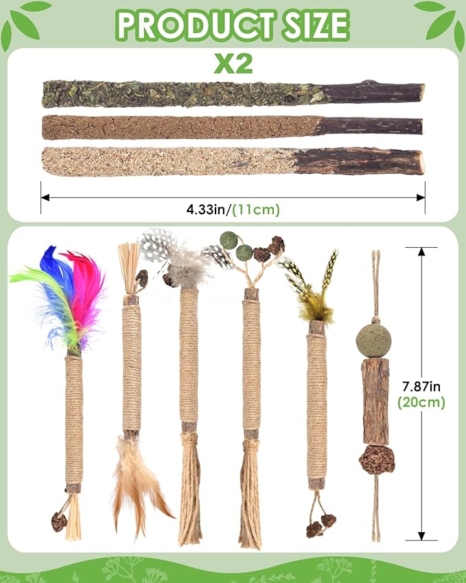 TINDTOP 12 Pack Chew Sticks for Cats, Natural Silvervine Catnip Toys for Kittens Teeth Cleaning, Matatabi Dental Care, Increase Appetite, Calm Cat Anxiety and Stress, Cat Dental Toy