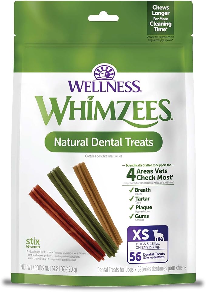 Wellness WHIMZEES Stix Dog Dental Treats, Natural Chews, Extra Small Size Stick, (56 Count)