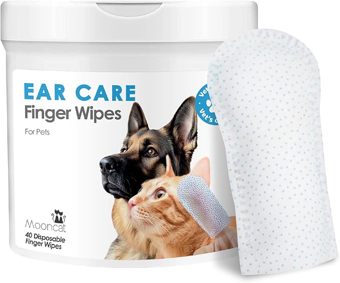 Mooncat Cat & Dog Ear Cleaner Wipes - Gentle Finger Wipes for Ear Infection, Mites, Wax & Odor - Easy & Soothing Itch Relief Cleaning Solution for Sensitive Ears - 40 Finger Wipes