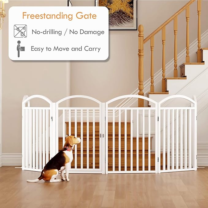 UDD Metal Folding Dog Gate Indoor 144" Extra Wide, 32" Tall Foldable Pet Gate with Door for Stairs Doorways Hallways Porch, Freestanding No Drilling Pet Fence for Dogs Puppy, White 6-Panel