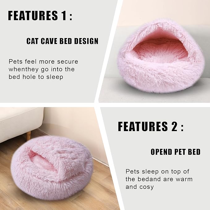Calming Dog Beds & Cat Cave Bed with Hooded Cover,Washable Round Beds for Small Medium Pets,Anti-Slip Faux Fur Fluffy Coved Bed,Comfortable Warming Pet Bed(24 * 24inch,Light Pink)
