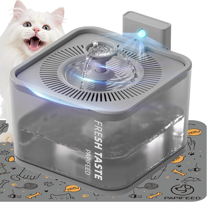 PAPIFEED Wireless Cat Water Fountain, 106oz/3L Battery Operated Pet Water Fountain Cordless for Cats Indoor, Automatic Cat Drinking Dispenser with Motion Sensor, Leak-Proof Silicone Pad Included Grey