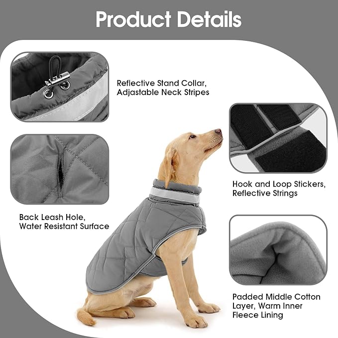 Dog Winter Coat Warm Padded Puppy Jacket Windproof Water Resistant Clothes for Small Medium Large Pets Christmas Sweater Outfit Vest(Grey, L)
