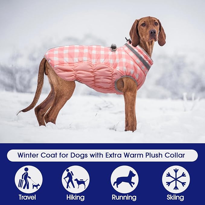 FUAMEY Dog Coat for Small Dogs,Waterproof Dog Winter Jacket with Harness Built in Puppy Cold Weather Coats Reflective Pet Vest with Zipper Warm Fleece Dogs Snowsuit Windproof Pink Plaid S