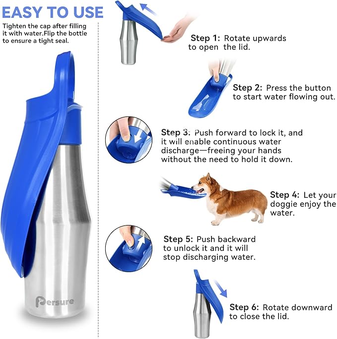 27 OZ Dog Water Bottle Portable Stainless Steel Convenient Pet Water Dispenser, Leak Proof Puppy Travel Water Bowl for Dog Outdoor Walking, Hiking, Perfect Size for All Dog Breeds, Blue