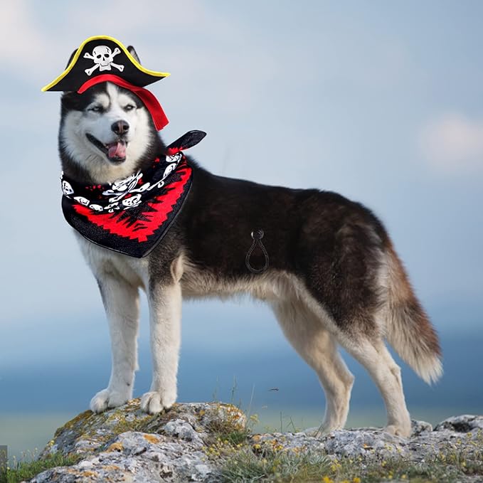 2 Pieces Skull Print Pet Pirate Hat with Pirate Skull Bandana Dog Cat Captain Cap Halloween Pirate Cosplay Costume Halloween Party Hat Dress Up Costume Accessories (A) One Size