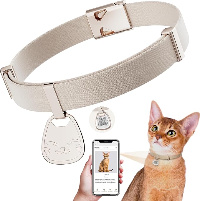 Cat Collar with QR Code Name Tag, Breakaway Kitten Collar for Boy & Girl Cats, Ultra Soft Elastic Adjustable Band, Safety Break Away Buckle, Comfortable & Secure Pet ID Collar (6"-12"), Khaki