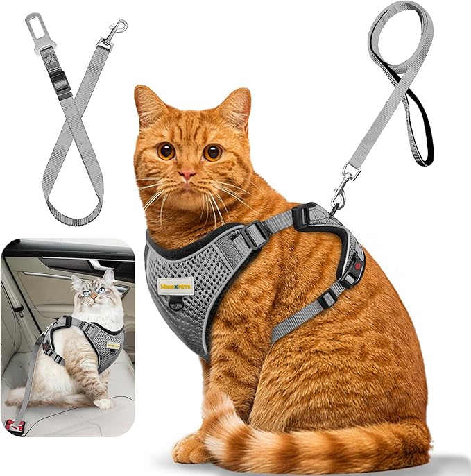 Cat Harness and Leash for Walking, Retractable Cat Harnesses and Leash Set Escape Proof, Breathable Soft Kitten Small Large Harness for Travel Training and Walking, Grey, XS