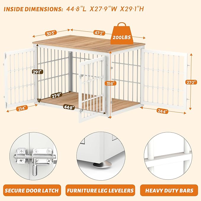 48 Inch Heavy Duty Dog Crate Furniture for Large Dogs, Decorative Pet House End Table, Extra Large Wooden Cage Kennel Furniture Indoor, Natural and White