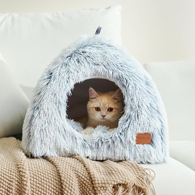 CATISM Cat Bed, Cat Cave for Indoor Cats, Soft Cat Dome, Self-Warming 2 in 1 Foldable Pet Cat House with Washable Cushioned Pillow Calming Fluffy Dog Beds for Small Dogs with Anti-Slip Bottom Gray