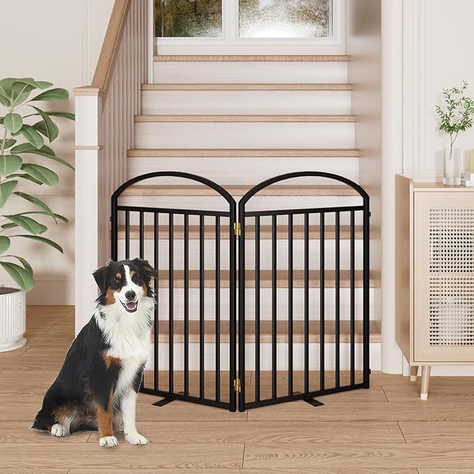 2 Panels Full Matel Freestanding Dog Gates with Door, 48"Extra Wide 32"Tall Free Standing Dog Pet Gate for Indoor & Outdoor. Foldable Pet Fences for Doorways, House, Stairs, Porch, Deck, Yard
