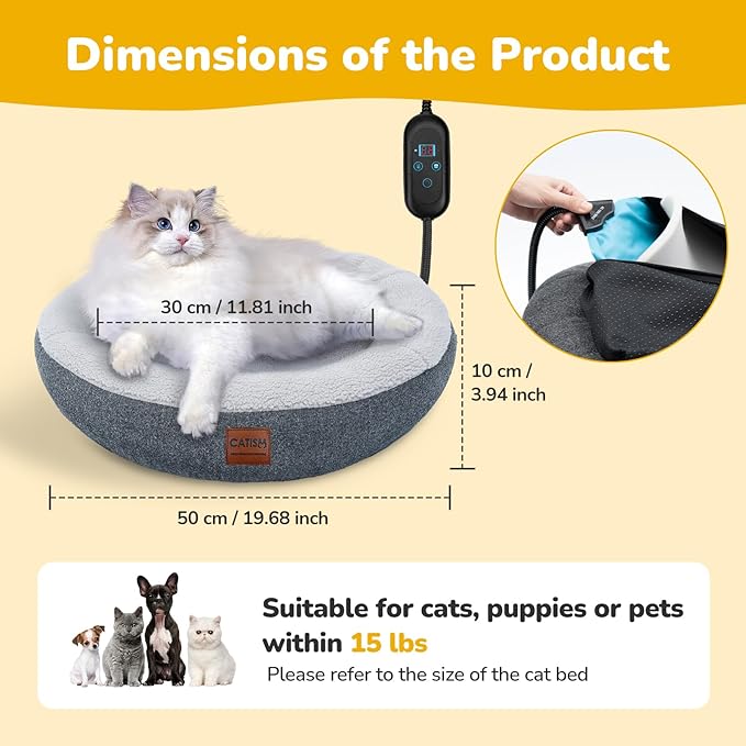 CATISM Cat Bed Heated Cat Bed - Self Warming Cat Beds, Heating Cat Beds for Indoor Cats and Small Dogs, Cozy Donut Heated Cat Bed with Timer & Temp Adjustable, Heating Cat Pad with Non-Slip Bottom