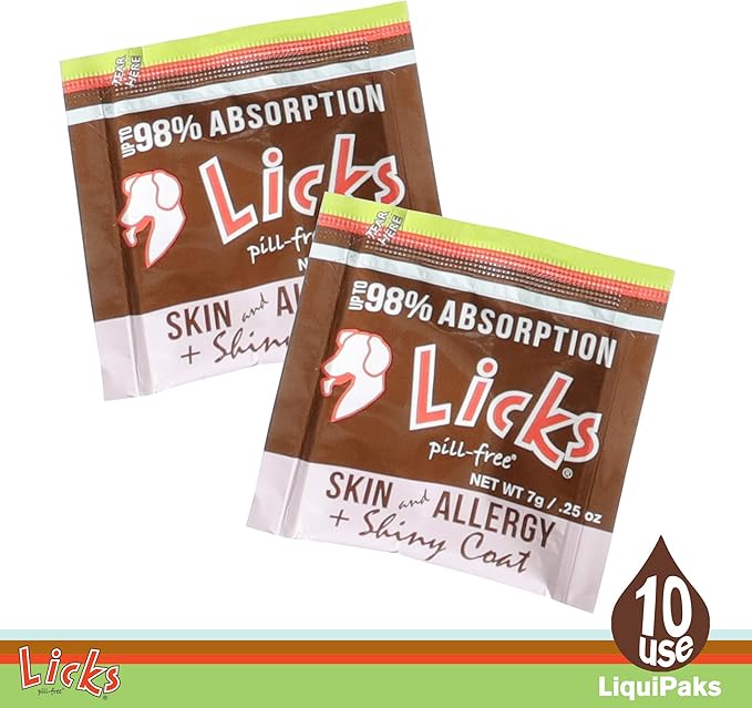 Licks Pill-Free Dog Skin & Allergy - Omega 3 Dog Allergy Relief - Vitamins & Supplements for Itch Relief - Turmeric Supplement for Skin - Gel Packets - 10 Use
