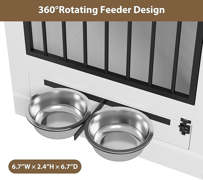 Multi-Functional Dog Crate Furniture, 37 Inch Wooden Dog Crate with Storage & 360° Rotating Bowls, Dog Kennel Furniture for Small to Large Breeds