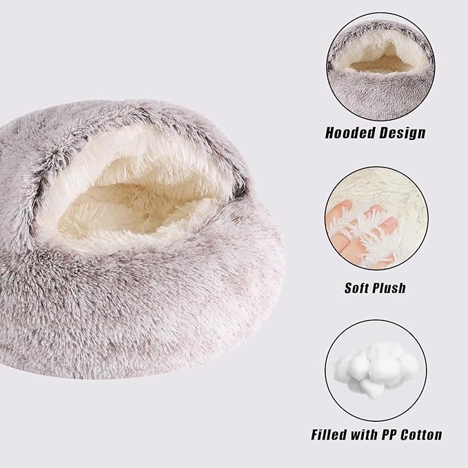 Round Hooded Cat Bed & Dog Bed with Cover Cave, Dog Bed for Small Dogs, Faux Fur Cuddler Round Coved Cat Bed Self Warming Donut Dog Bed Fits up to 22 lbs Pets(Coffee, 24inch x 24inch)