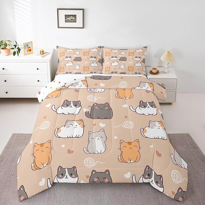 Erosebridal Cute Kitten Comforter Set Kawaii Cat Bedding Set King, Lovely Pet Bedding Sets & Collections Red Love Print Down Comforter, Animal Themed Bed Set Kids Room Decor 3pcs with 2 Pillowcases