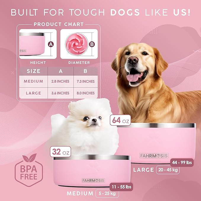 64 OZ Dog Bowl with Slow Feeder Insert Stainless Steel Pet Water Bowl for Medium & Large Breed Non Slip Rubber Base & Plastic Puzzle Feeder - Pink