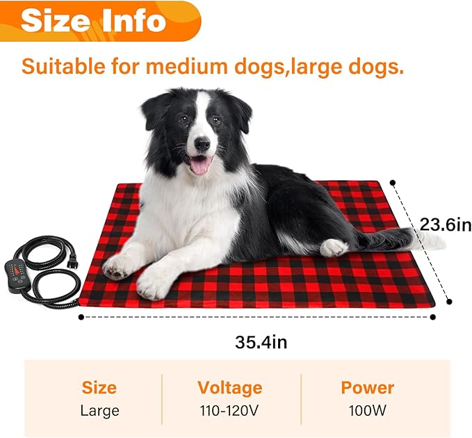 Pet Heating Pad, Adjustable Temperature Heated Dog Bed with Timer, Outdoor Waterproof Pad with Anti-Chew Cord, Overheat Protection Warming Mat for Small Medium and Large Dogs (L:23.6"x35.4")