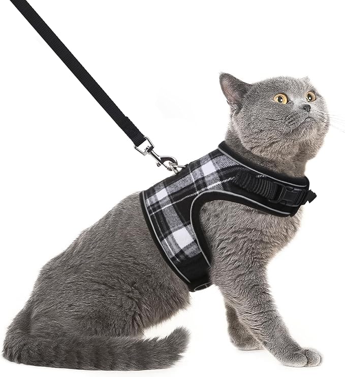 PUPTECK Soft Mesh Cat Vest Harness and Leash Set Puppy Padded Pet Harnesses Escape Proof for Cats Small Dogs Rabbits Bunny, Plaid Black, XL