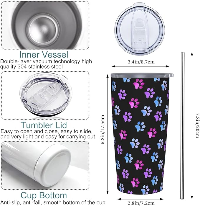 Paw Print Tumbler with Lid and Straw, Dog 20 Oz Stainless Steel Insulated Water Bottle Cup Coffee Mug