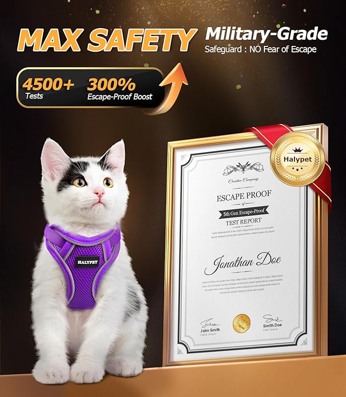 Halypet Cat Harness and Leash Set [MAX Safety 4th-Gen Upgrade] Escape Proof Adjustable Cat Leash Comfortable Soft Vest Easy to Wear Kitten Harness with Reflective Strip for Cats Walking, XS Purple