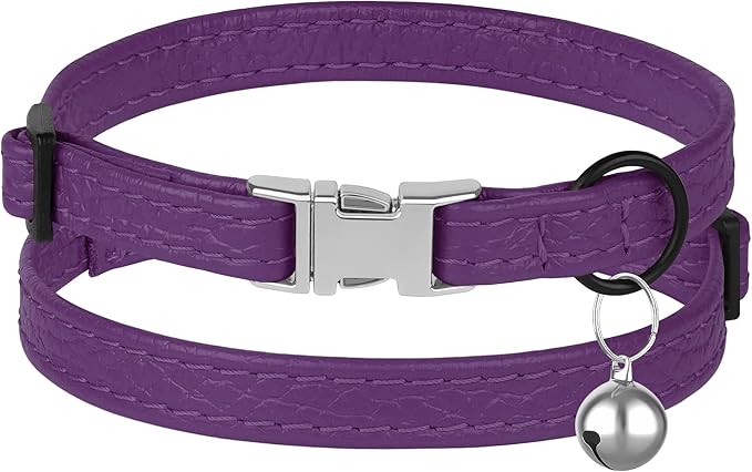 Leather Cat Collar with Buckle and Removable Bell - Non Breakaway Adjustable Soft Safety Small Pet Collars for Girl Boy Cats Kitten (Purple)