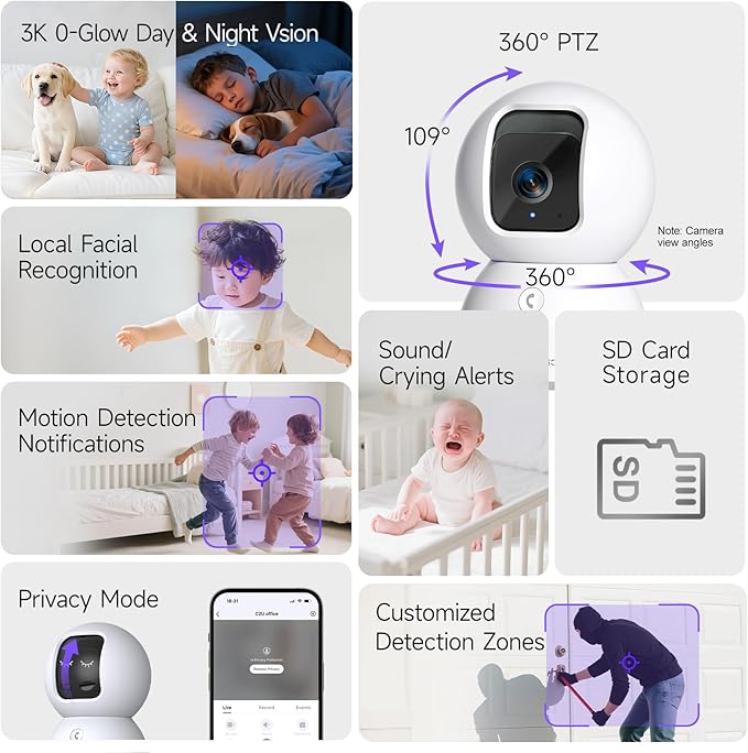 5G Security Camera Indoor 3-Pack, No-Monthly-Fee AI Tracking Facial Recognition, 3K Pet/Dog Camera with Speaker/Phone App, PTZ WiFi Baby Monitor Cameras for Home Security, 0-Glow Night Vision