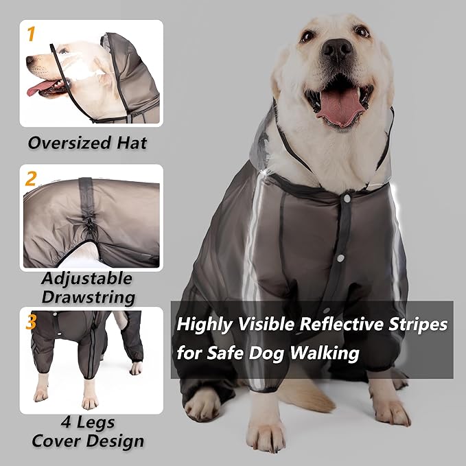 Olsa Dog Raincoat, Dog Hooded Slicker Poncho, 4 Legs Rain Jacket with Reflective Stripe, Transparent Water Proof Resistant Rain Snow Clothes for Small Medium Large (Black, M)