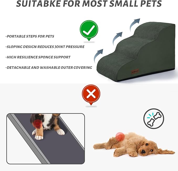 3-Step Dog Ramp and Stairs for Sofa and Chair - Non-Slip Sturdy Pet Steps for Small Dogs and Cats,15.7" H,Green