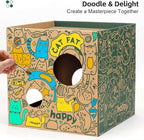 Cardboard Cat House with 2PCS Scratcher Pads Large Cat Scratchers Lounge Bed for Indoor Cats Cat Scratching Board & Cat Scratcher Box for Bunny/Cats Animals.(Green-Graffiti)
