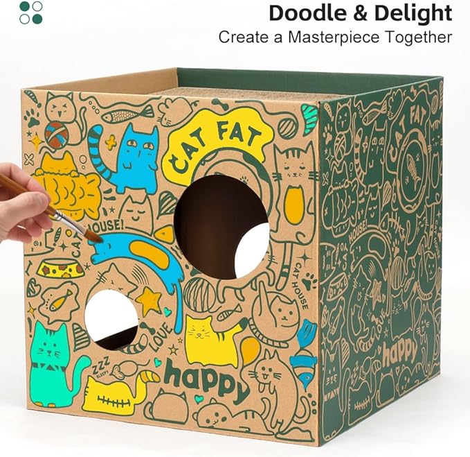 Cardboard Cat House with 2PCS Scratcher Pads Large Cat Scratchers Lounge Bed for Indoor Cats Cat Scratching Board & Cat Scratcher Box for Bunny/Cats Animals.(Green-Graffiti)