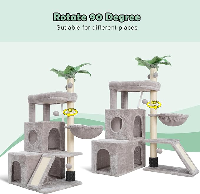 Cat Tree for Indoor Cats Large Adult, Heavy Duty Cat Tower for Big Cats, Cat Tree House with Self Groomer Brush, Big Padded Top Perch, Scratching Post, Hammock, Light Gray GCT012W