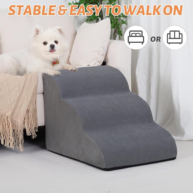 3-Step Dog Ramp and Stairs for Sofa and Chair - Non-Slip Sturdy Pet Steps for Small Dogs and Cats,15.7" H,Grey