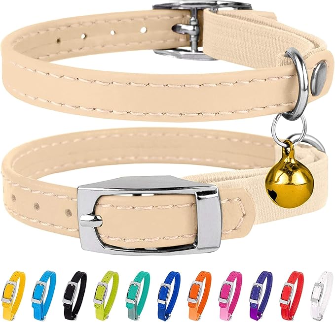 CollarDirect Leather Cat Collar, Kitten Collar with Removable Bell Black Blue Red Orange Lime Green (6-7 Inch, Beige)