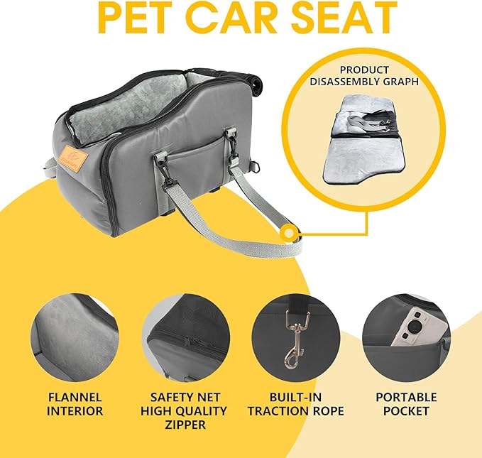 Multipurpose Console Dog Car Seat for Small Dogs & Cats， Portable Pet Carrier with Safety Tether & Storage Pockets (Black, Middle)