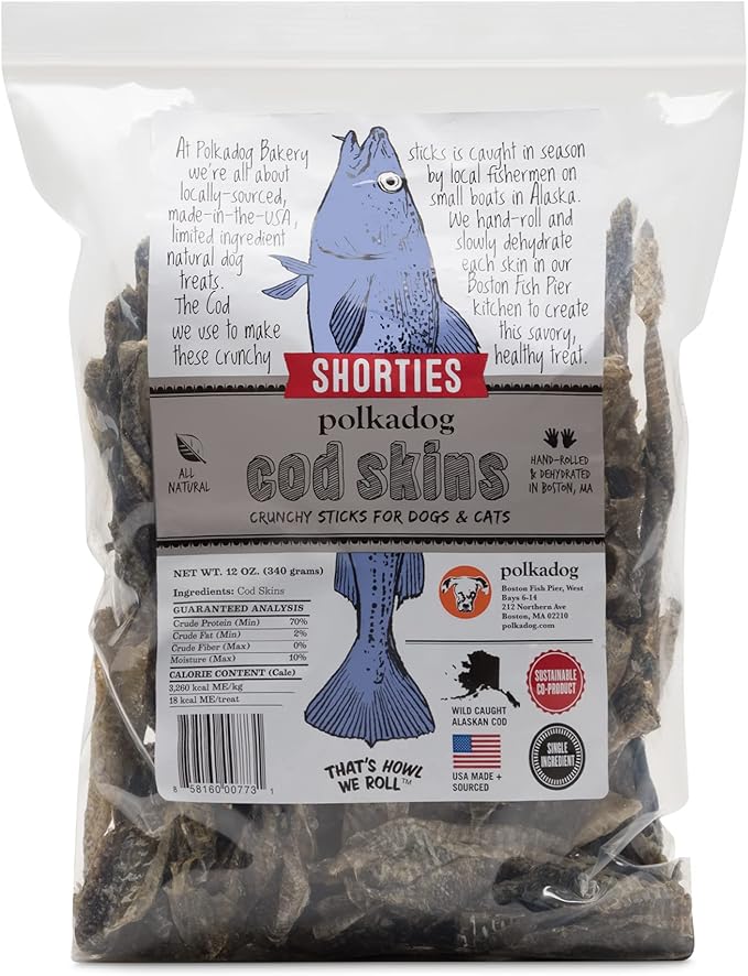 Polkadog Cod Skins for Dogs (12oz Shortie) - Single Ingredient, Wild-Caught Fish Skin Dog Treats for All Breeds – High in Lean Protein & Omega-3. Hypoallergenic, Grain Free. Handcrafted & Made in USA