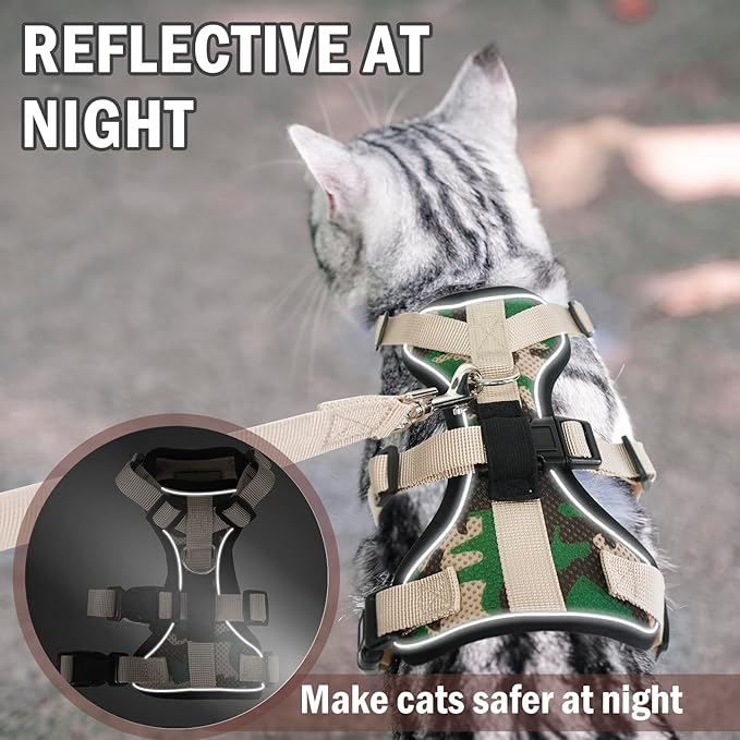 PUPTECK Cat Harness and Leash Set Escape Proof for Walking, Breathable Mash Vest Adjustable Harness for Cats Puppy Small Animals, Reflective at Night, Camouflage Medium