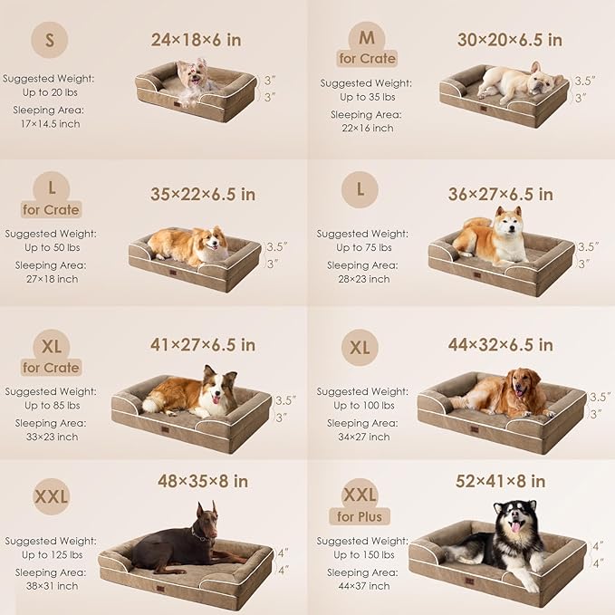 EHEYCIGA Orthopedic Dog Beds for Large Dogs, Waterproof Memory Foam Large Pet Bed with Sides, Non-Slip Bottom and Egg-Crate Foam Dog Couch Bed with Washable Removable Cover, Camel