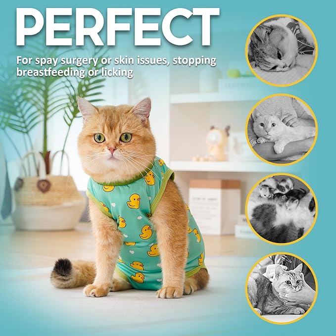 Avont Cat Recovery Suit - Kitten Onesie for Cats After Surgery, Cone of Shame Alternative Surgical Spay Suit for Female Cat, Post-Surgery or Skin Diseases Protection -Duck(M+)